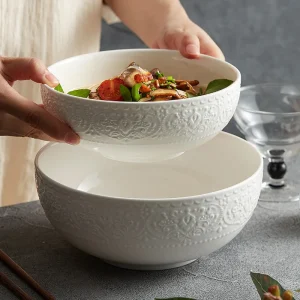 Wholesale Large Lace Relief Design Ceramic Bowls Soup 350 ml Ceramic Soup Bowl Sets 3 in 1 Soup Bowls Ceramic 8 Inches