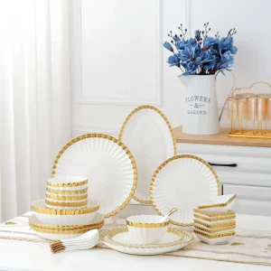 Simple Light Luxury Gold Inlay Modern Minimalist Ceramic Dinner Set with Gold Rim Shallow Dish Deep Plates Rice Soup Bowl